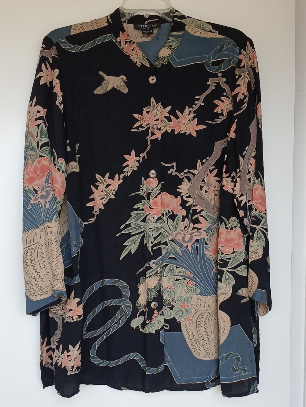 Citron Santa Monica Silk Floral Tunic Button Down Blouse Kimono Style Size 0X